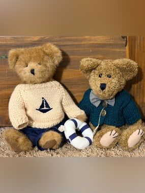 Pair of Plush Boyds Bears in Cream and Teal Sweaters